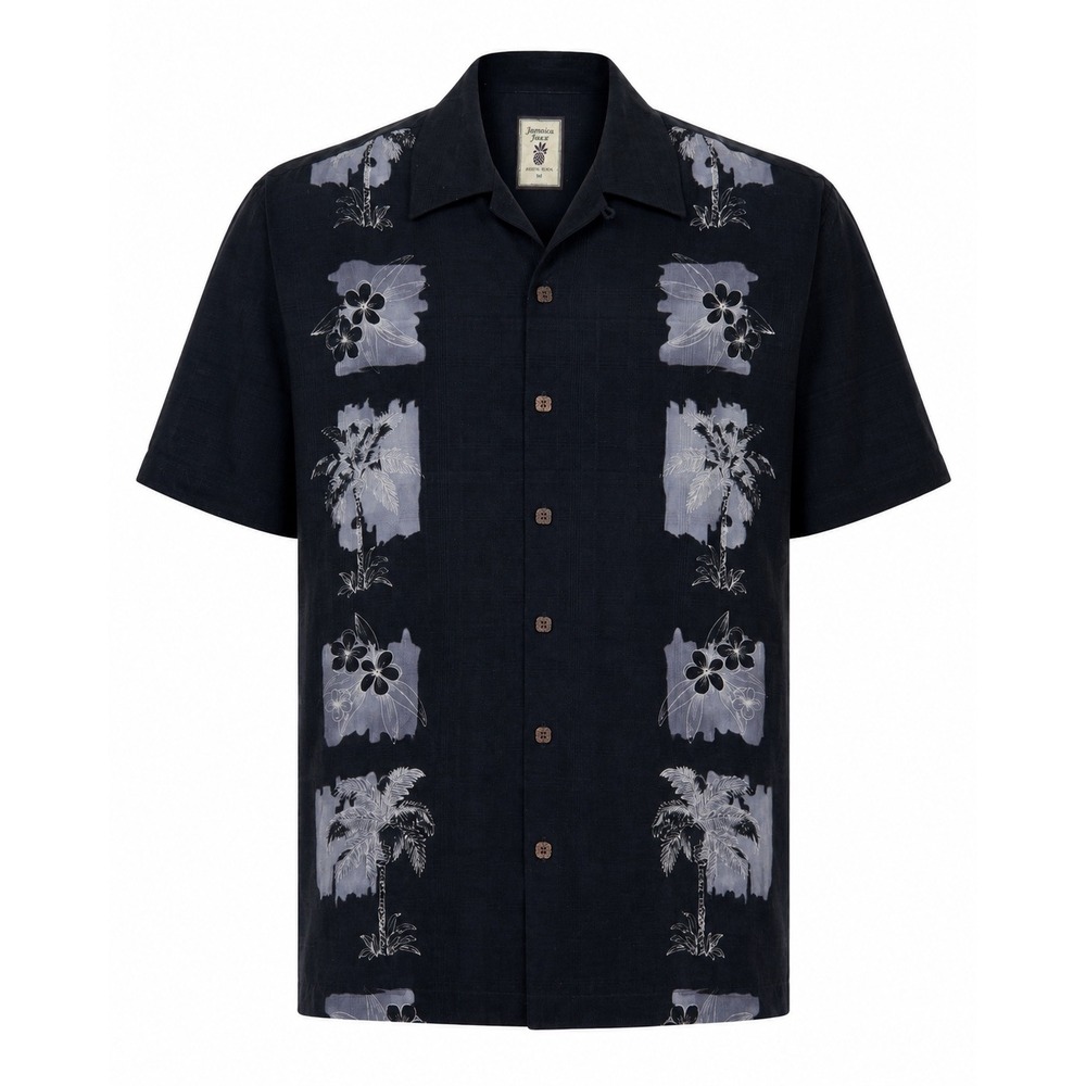 Jamaica Jaxx Mens 100% Silk Black Palm Tree Hibiscus Aloha Camp Shirt Large